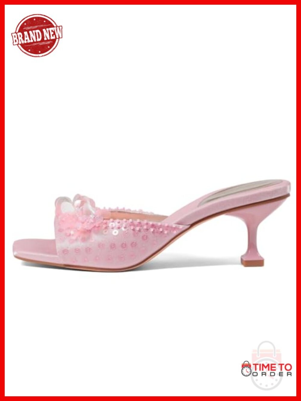 Womens Sequin Heeled Sandals Square Toe Low Stiletto Mule Slip On Party Wedding